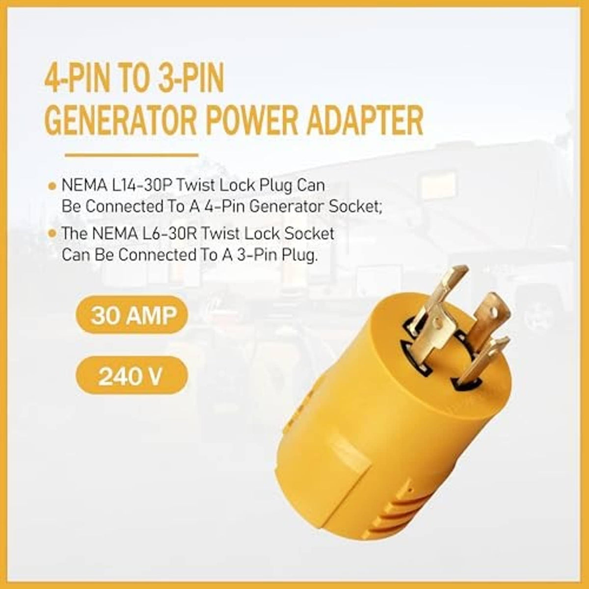 Yellow generator power adapter with angled twist-lock plug and 3-prong connector face