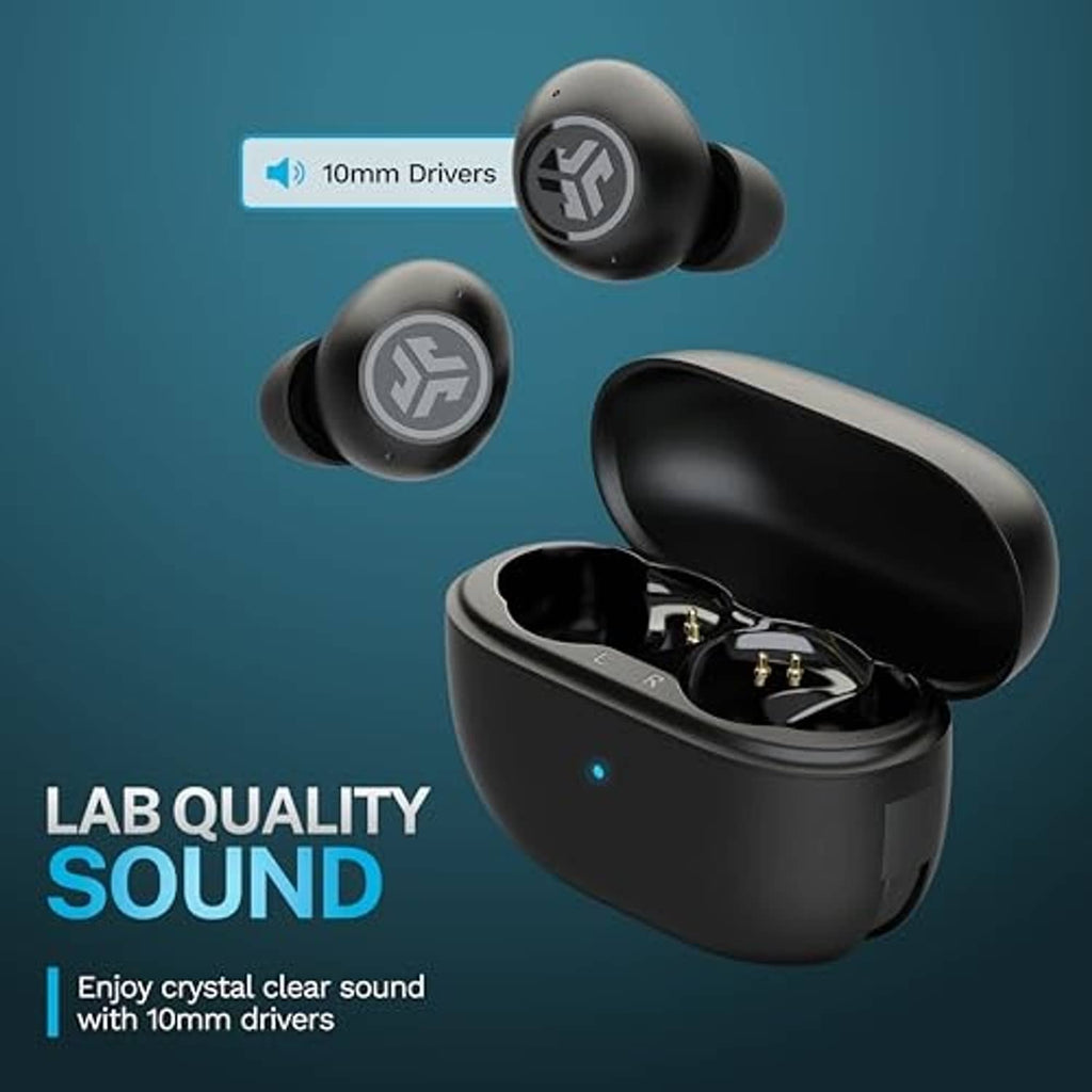 Black charging case with two true wireless earbuds, open lid