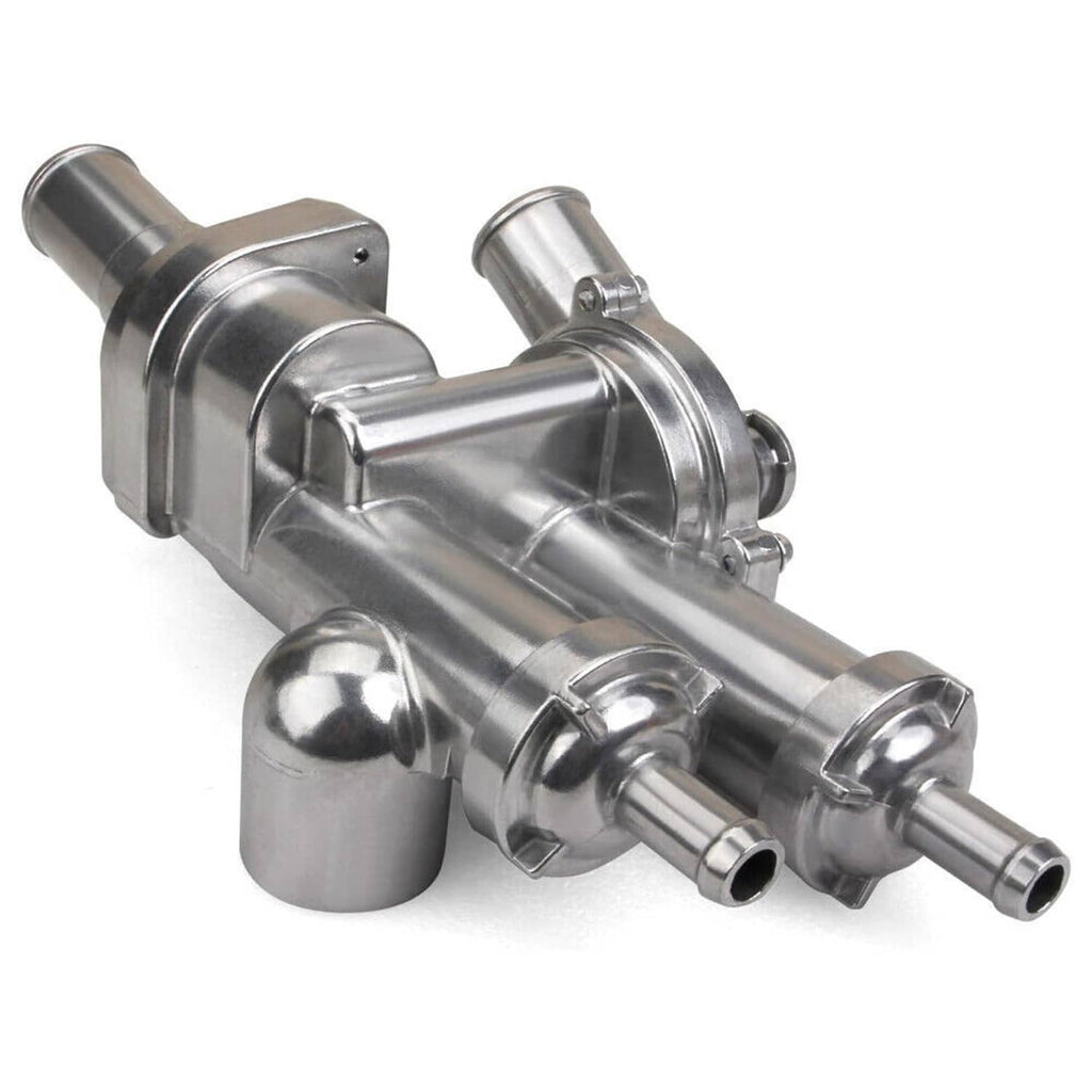 Aluminum thermostat housing assembly, metal coolant outlet and flange ports