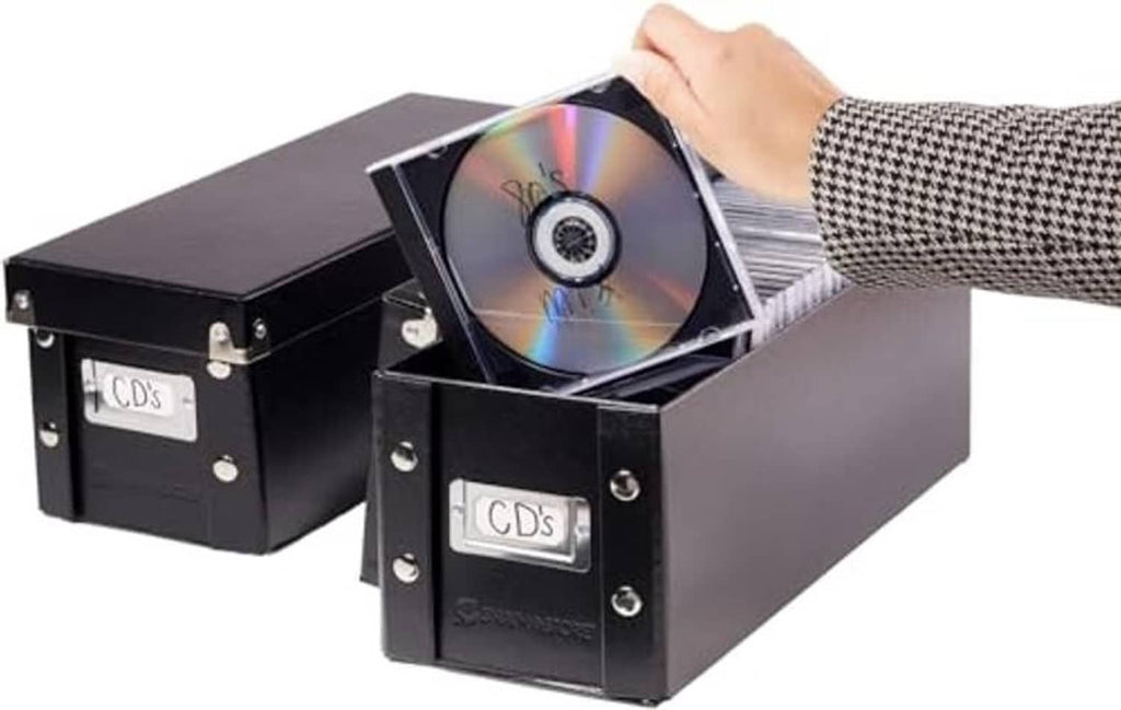 Black CD storage box set (2 pack), front label panels and open top disc tray