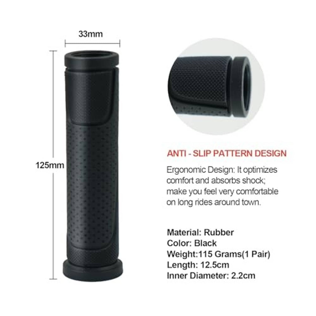 Black rubber bicycle handlebar grip with textured anti-slip pattern and flared end