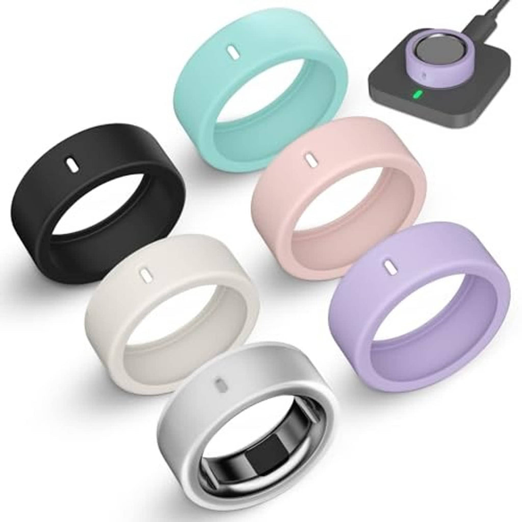 Set of six ultra-thin silicone ring cases in mint, pink, white, black, light purple, clear