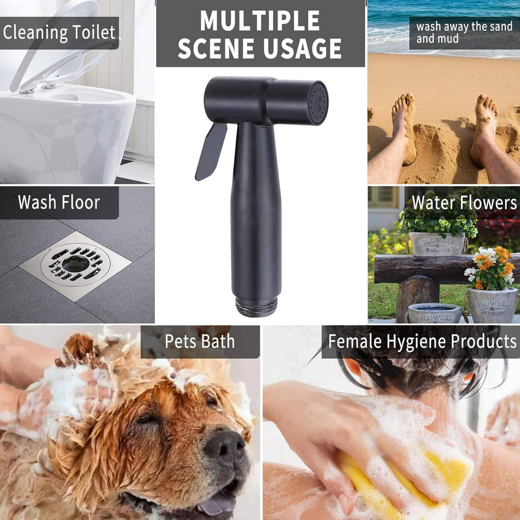 Black handheld bidet sprayer with nozzle head and coiled braided hose for multiple uses