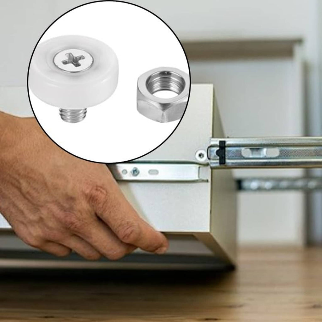 White drawer roller wheel showing underside screw thread with chrome nut