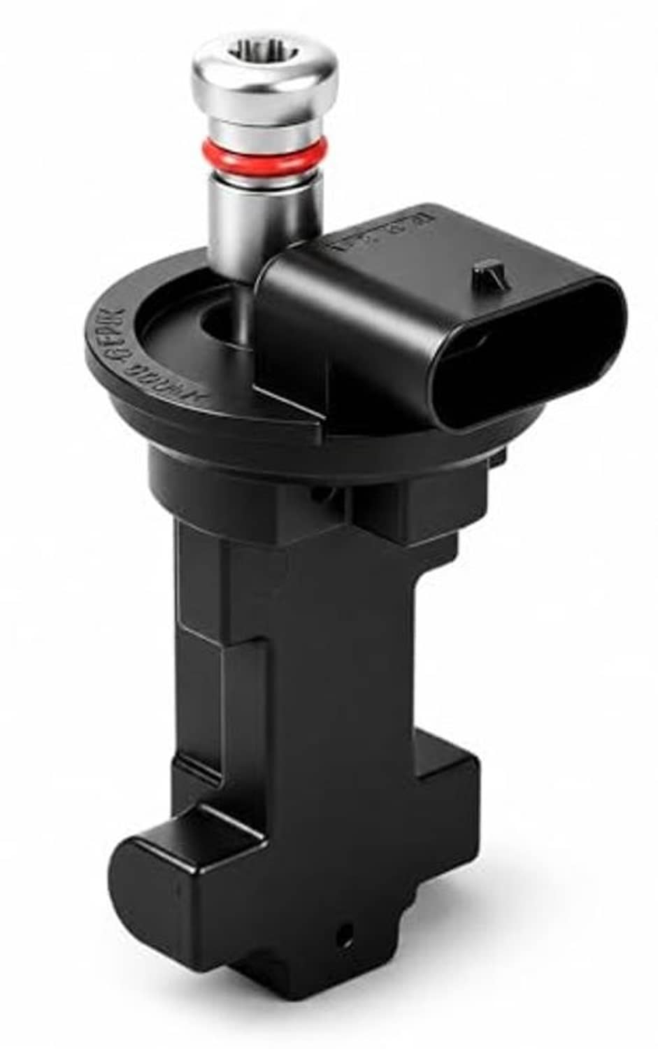 Camshaft position sensor with black housing and rounded 4-pin connector