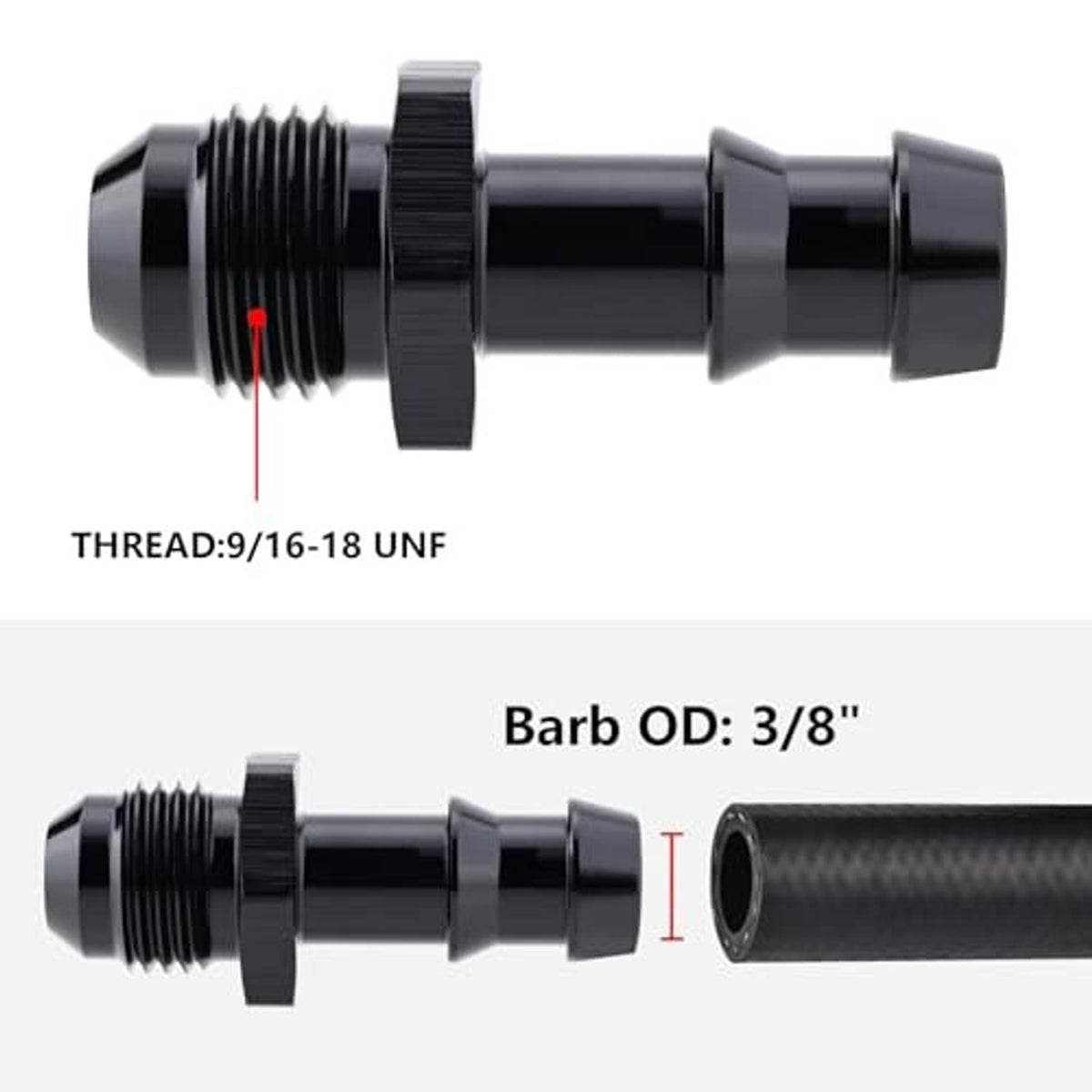 Threaded fitting adapter: 9/16-18 UNF thread to 3/8" barb OD