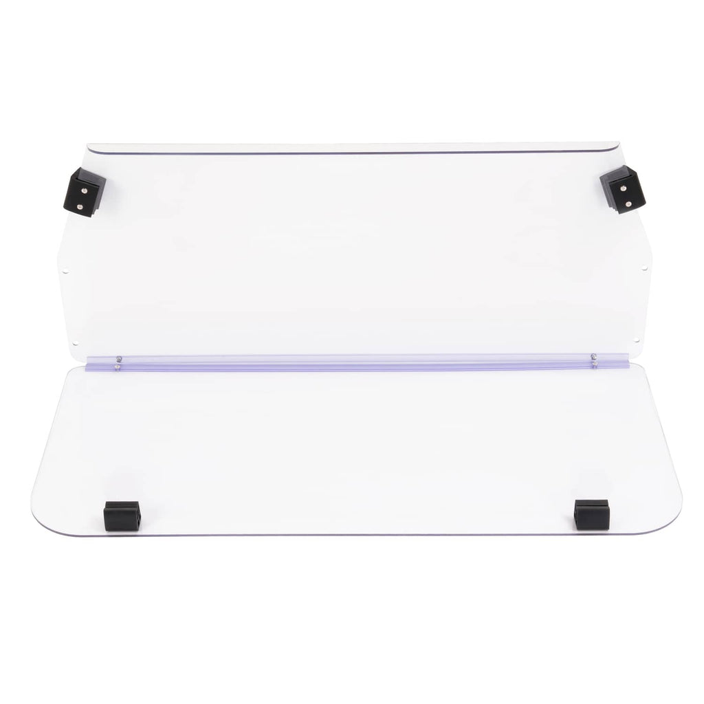 Clear vented golf cart windscreen windshield with black mounting brackets, front view