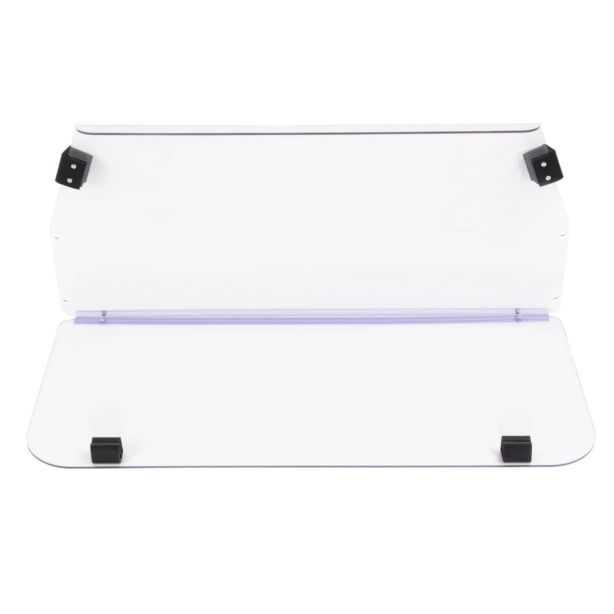 Clear vented golf cart windscreen windshield with black mounting brackets, front view