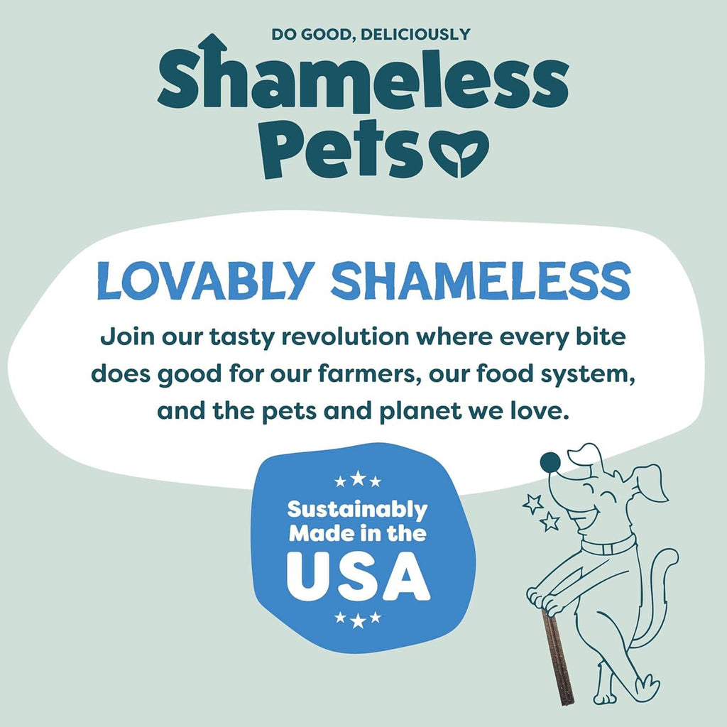 Dog dental chew bag panel with “Shameless Pets” branding and a sustainably made in the USA badge.