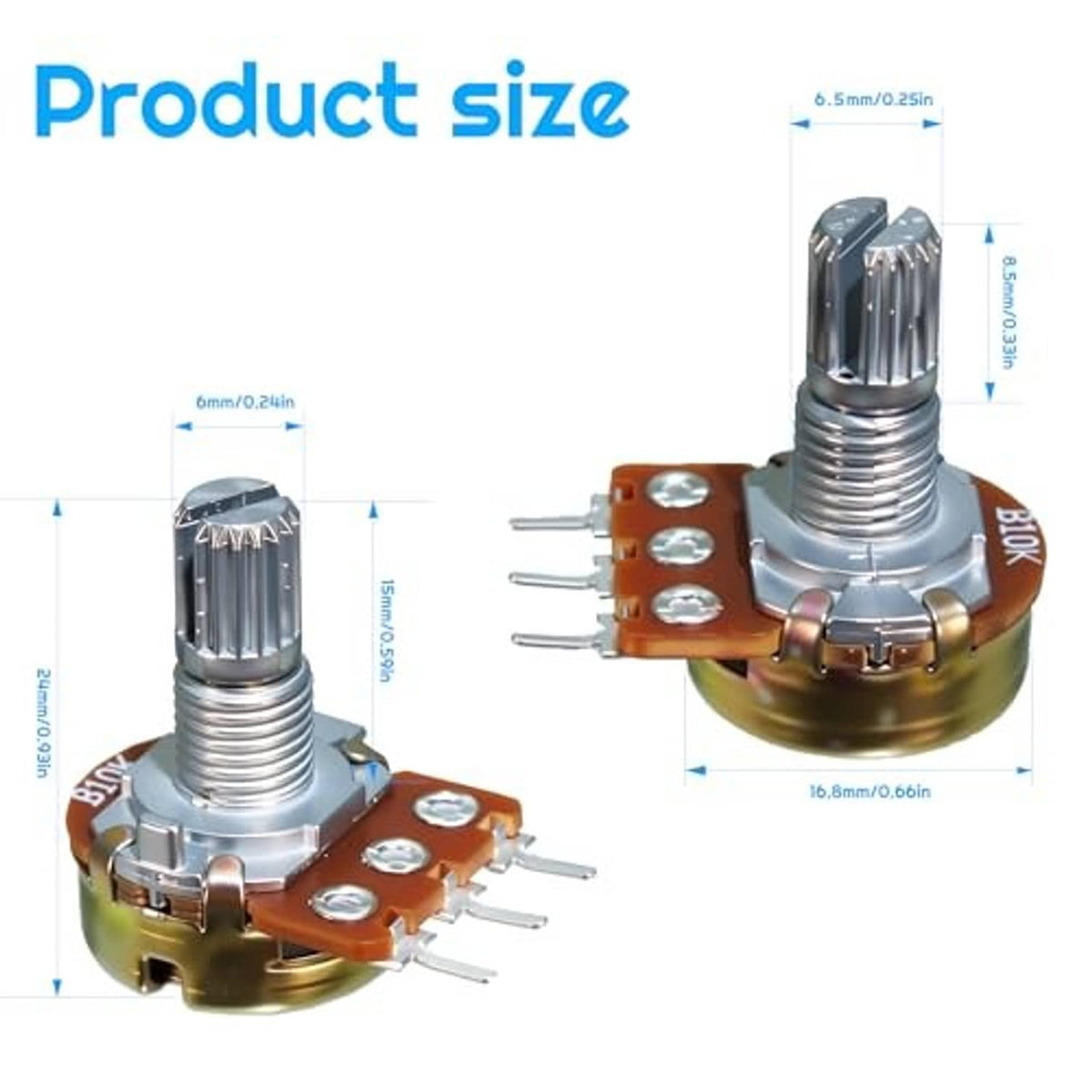 Potentiometer modules with metal shaft and orange-gold board base, size diagram shown