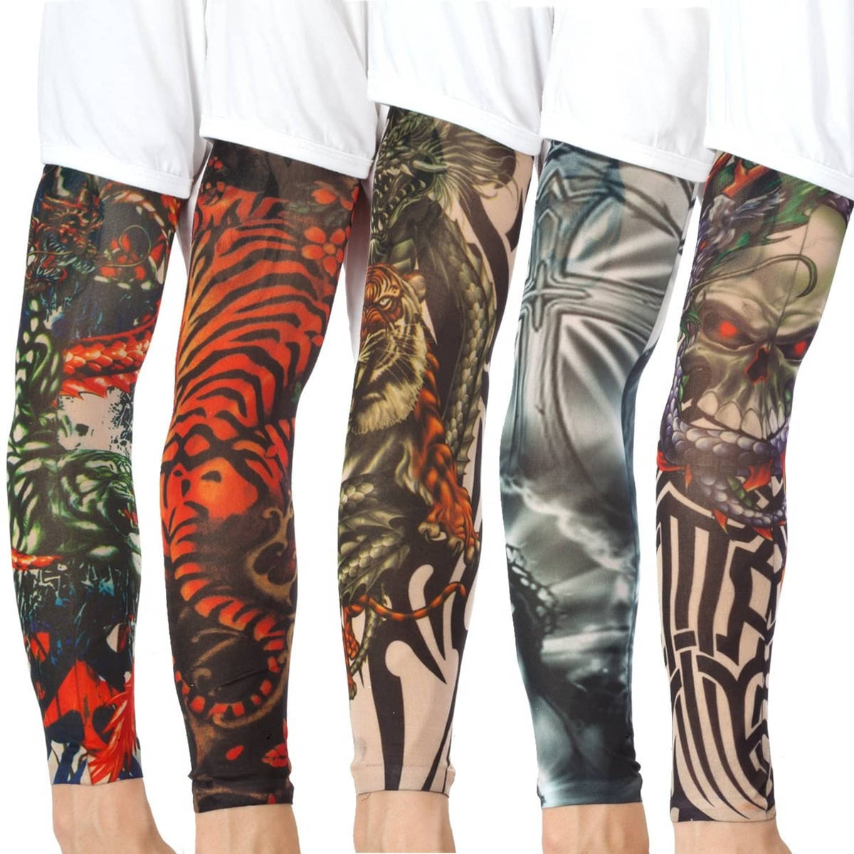 Tattoo arm sleeves featuring animal-themed and skull artwork with vivid orange and green
