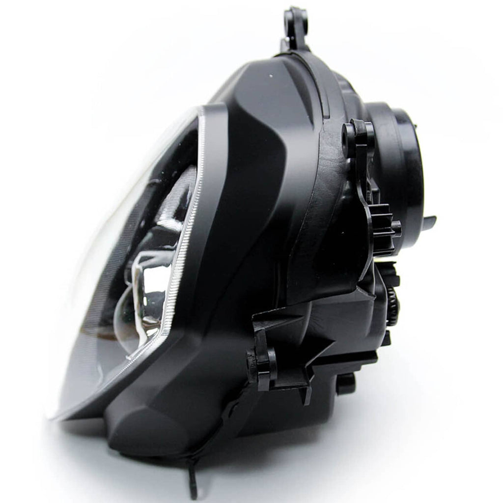 Headlight assembly side profile with clear lens opening and black mounting brackets