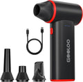 Handheld cordless air duster in black and red with 3 nozzle heads and USB charging cable
