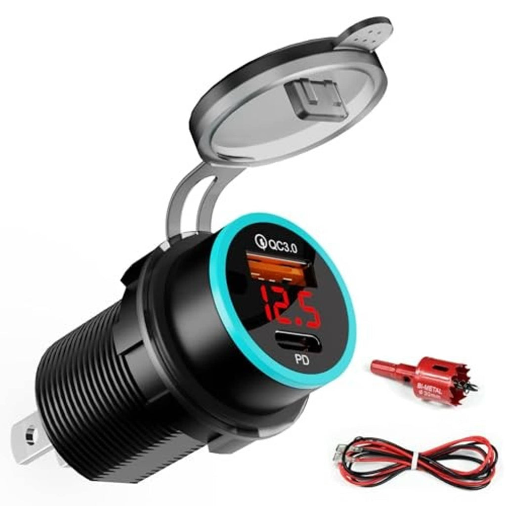 Black dual-port USB-C car charger with blue LED voltmeter display, cables and red connector