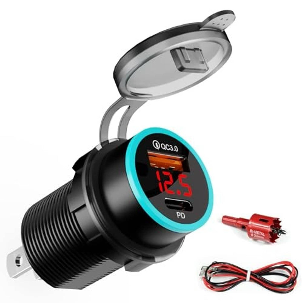 Black dual-port USB-C car charger with blue LED voltmeter display, cables and red connector