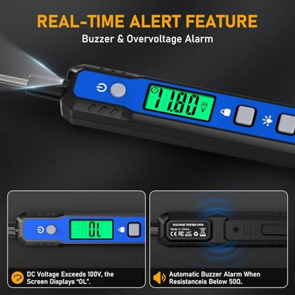 Blue circuit tester with real-time alert display and buzzer alarm indicator on screen