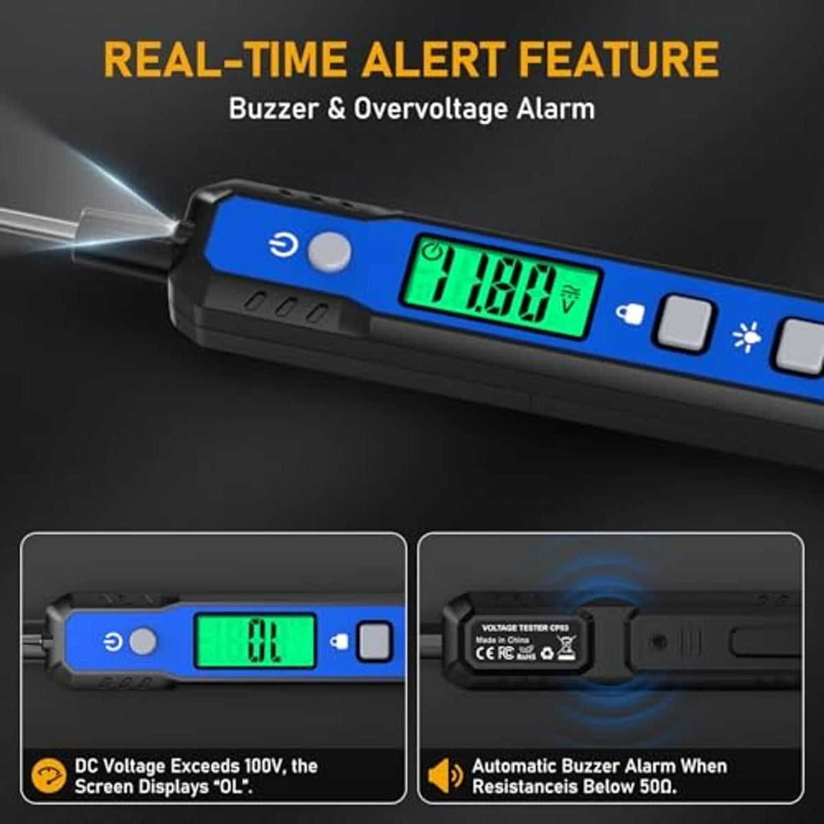 Blue circuit tester with real-time alert display and buzzer alarm indicator on screen