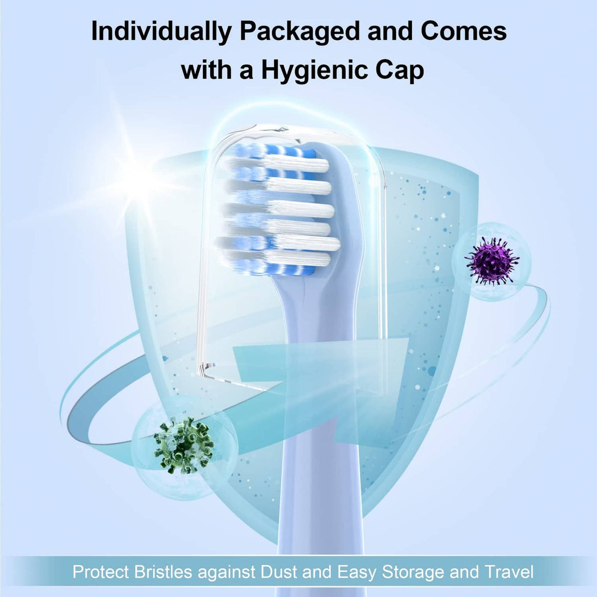 Single electric toothbrush replacement head with bristles inside a clear hygienic cap