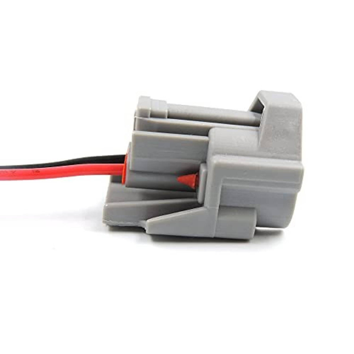 Gray fuel injector connector underside with red and black wires