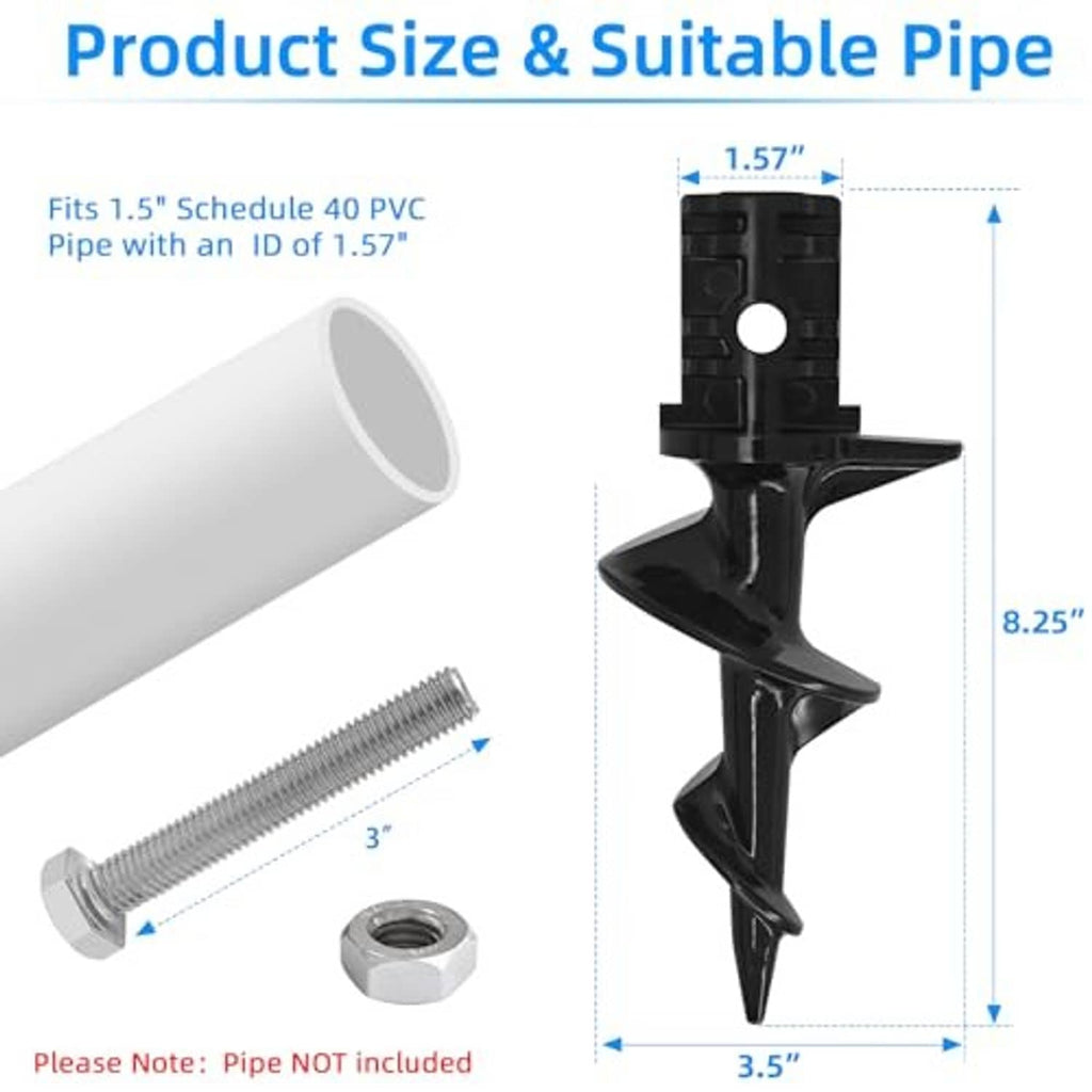 Black dock auger anchor with spiral tip and threaded bolt for PVC pipe installation