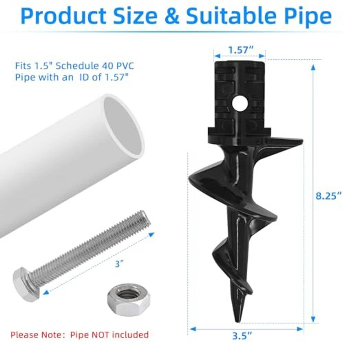 Black dock auger anchor with spiral tip and threaded bolt for PVC pipe installation