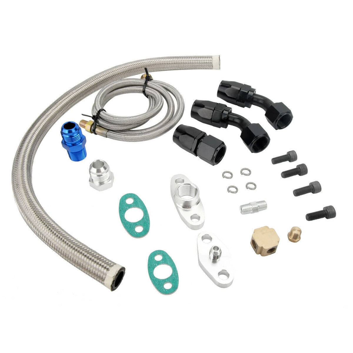 Complete oil feed line kit with braided hose, black connectors, gaskets, and hardware