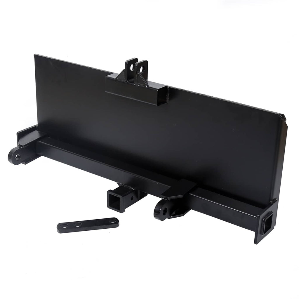 Black steel attachment adapter hitch with upper bracket and lower receiver-style mount
