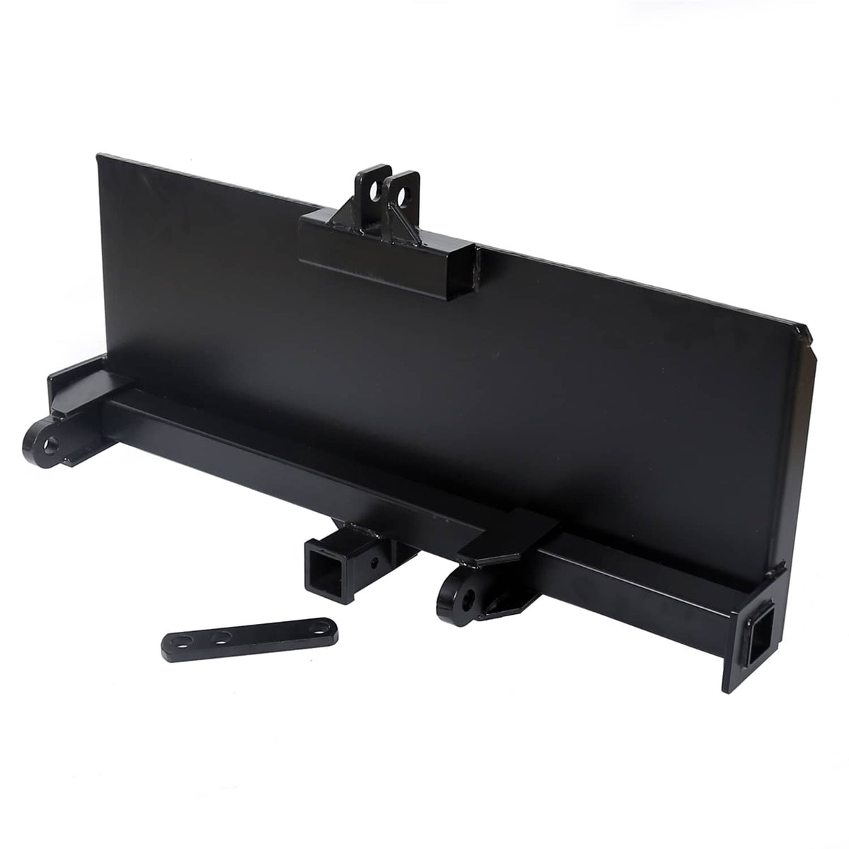Black steel attachment adapter hitch with upper bracket and lower receiver-style mount