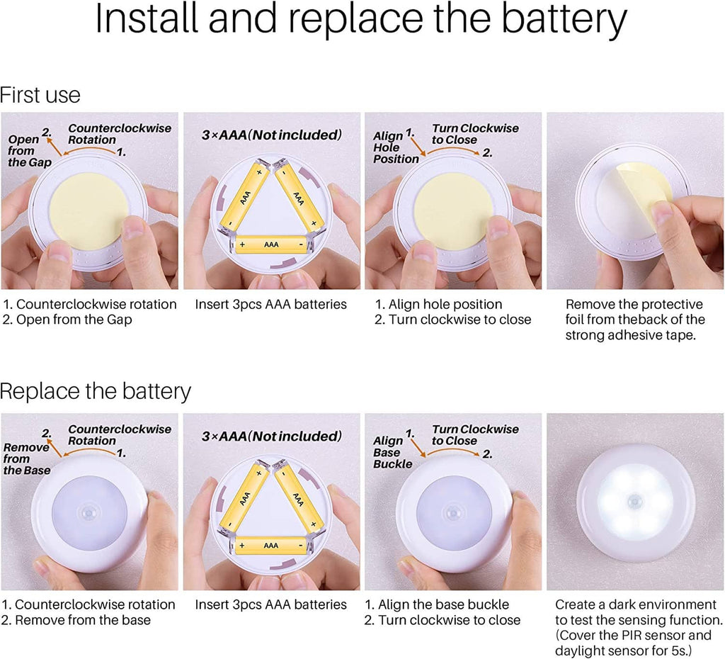 Instruction diagram for replacing AAA batteries in a white LED puck light