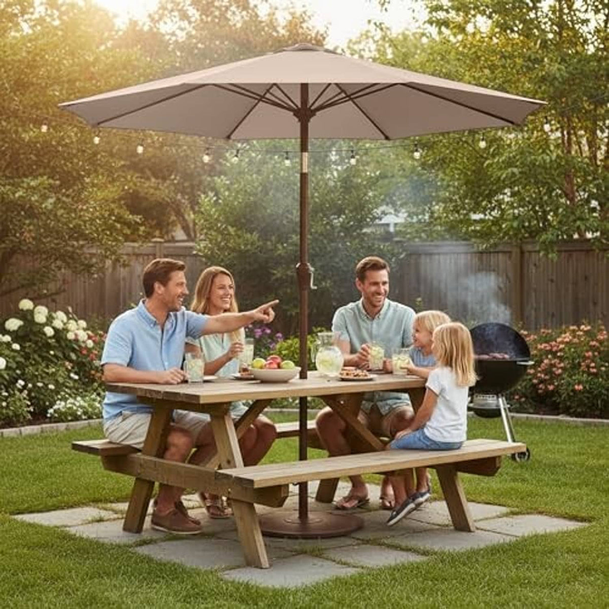 Beige patio umbrella over a backyard dining table, open canopy and dark pole