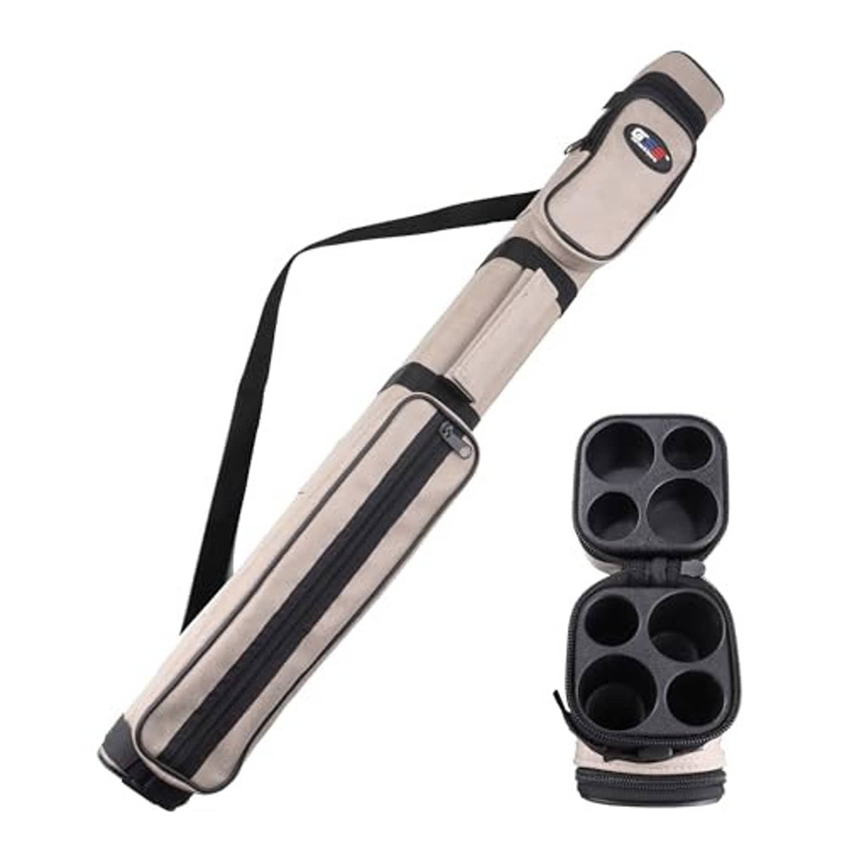 Beige pool cue case with dark trim and open tip holder showing four round sockets