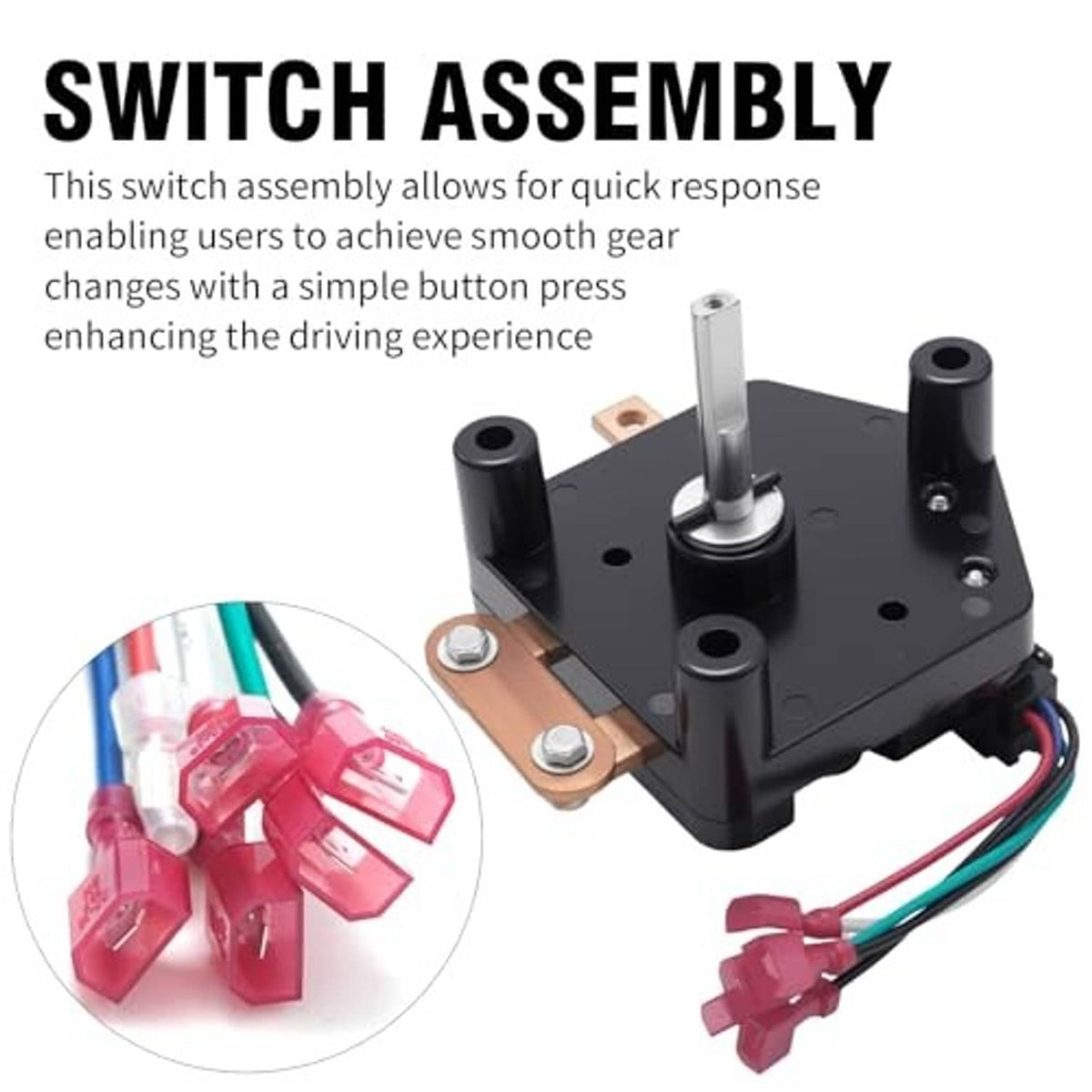 Black forward-reverse switch assembly with shift lever post and wiring pigtail.