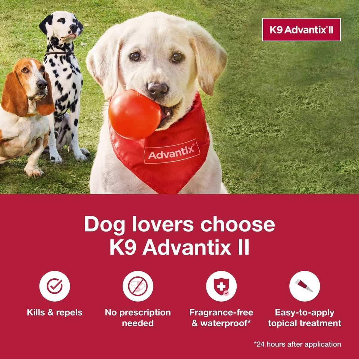 Flea and tick treatment ad with multiple dogs wearing red Advantix II bandanas