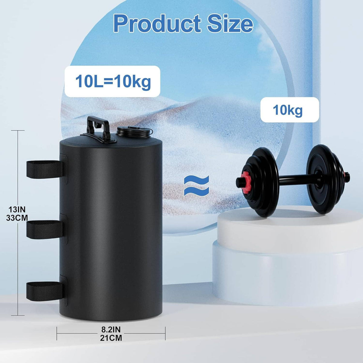 Black 10L water weight bag with handle, screw cap, and webbing attachment strap
