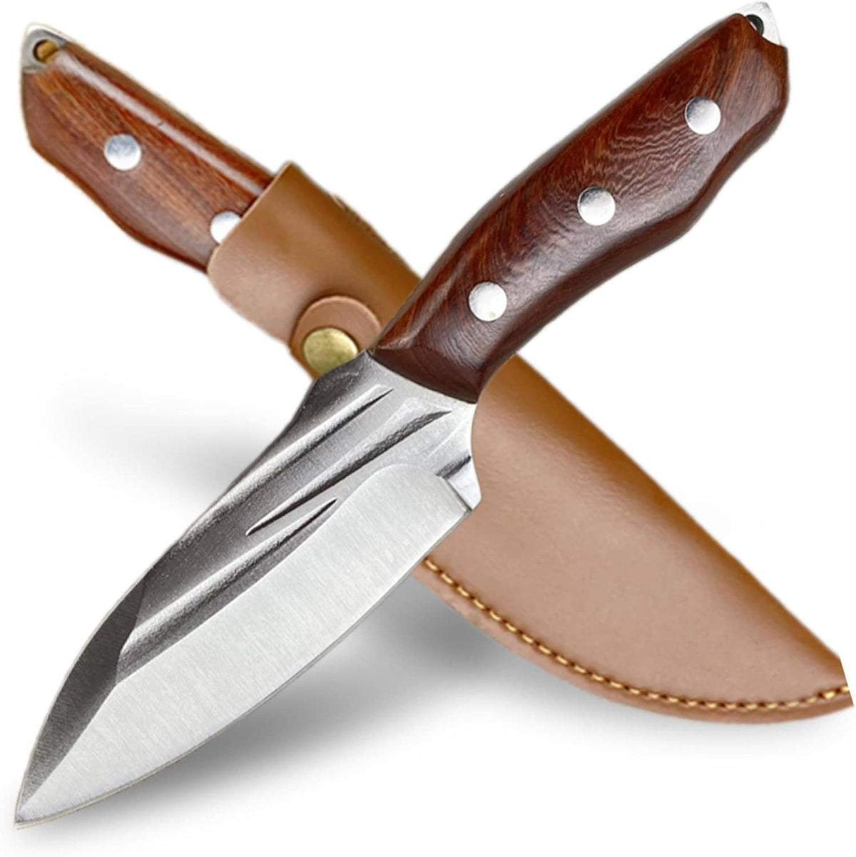 Pocket fixed blade knife with carved wood handle, steel blade, and leather sheath