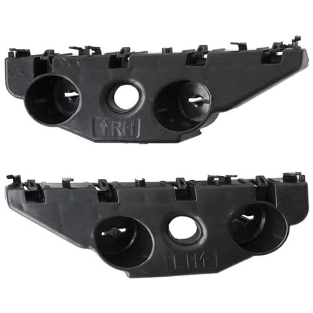 Left and right front bumper brackets, black plastic with circular sockets and retaining clips