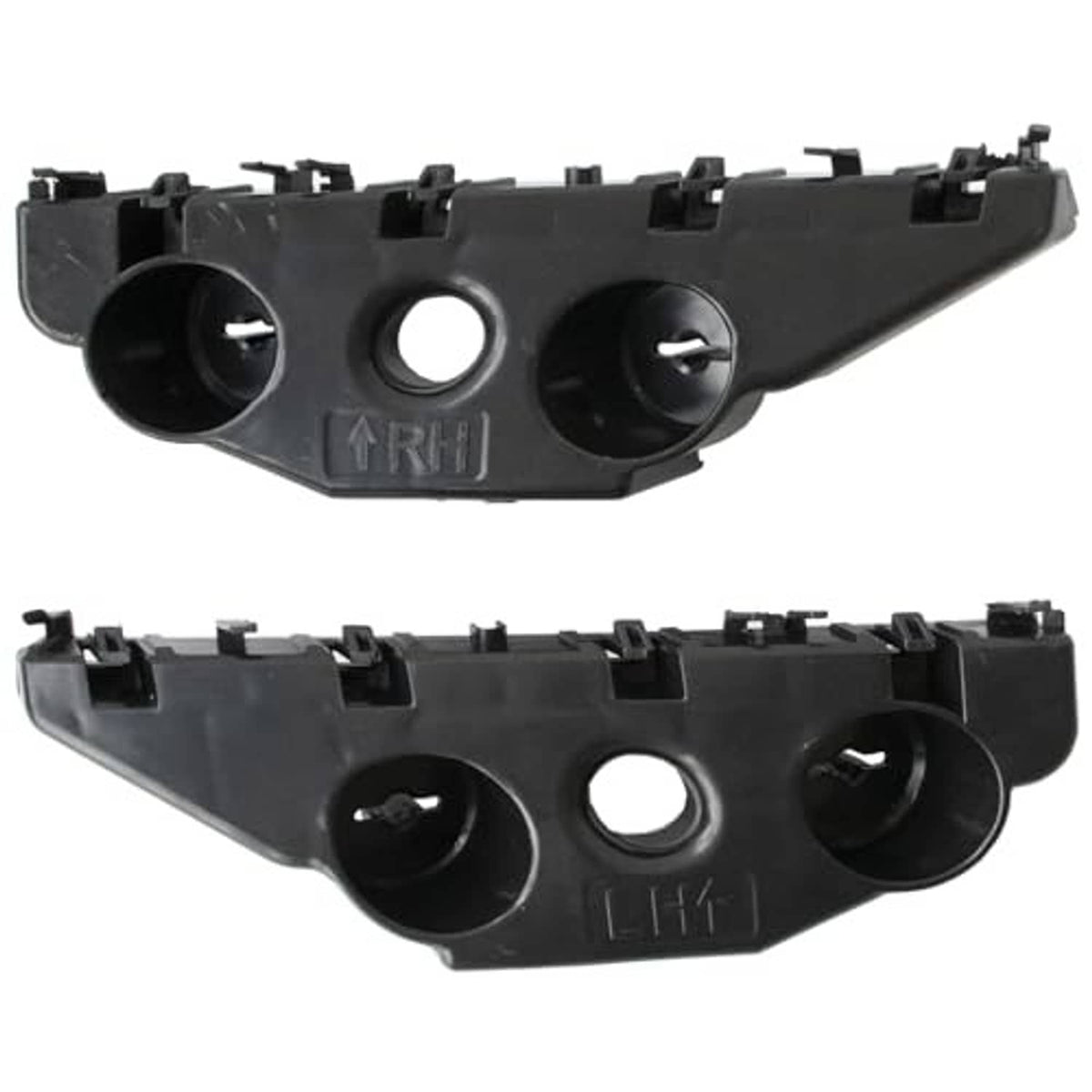 Left and right front bumper brackets, black plastic with circular sockets and retaining clips