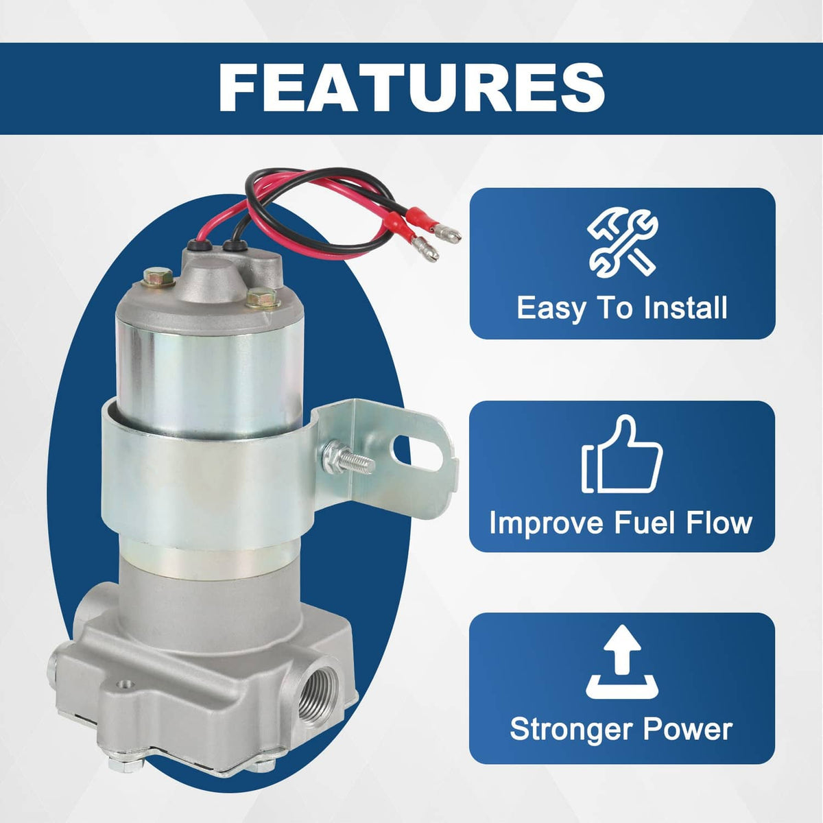 Electric fuel pump with wiring leads and mounting bracket, silver and light blue