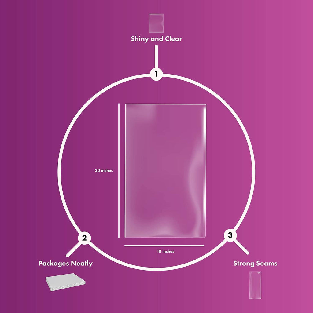 Shiny clear cellophane basket bag size diagram with 30 in height and 18 in width