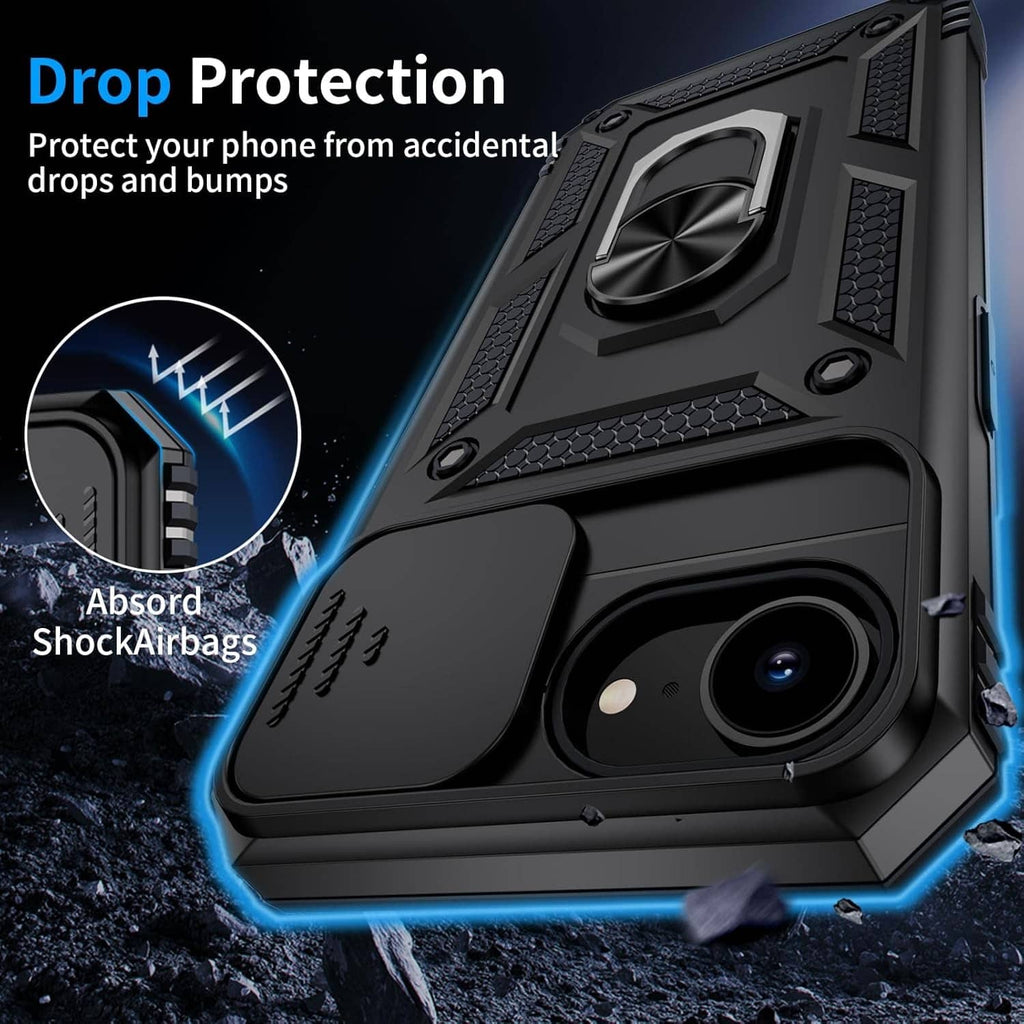 Black rugged iPhone case with shock-absorbing corners and camera bezel cutout