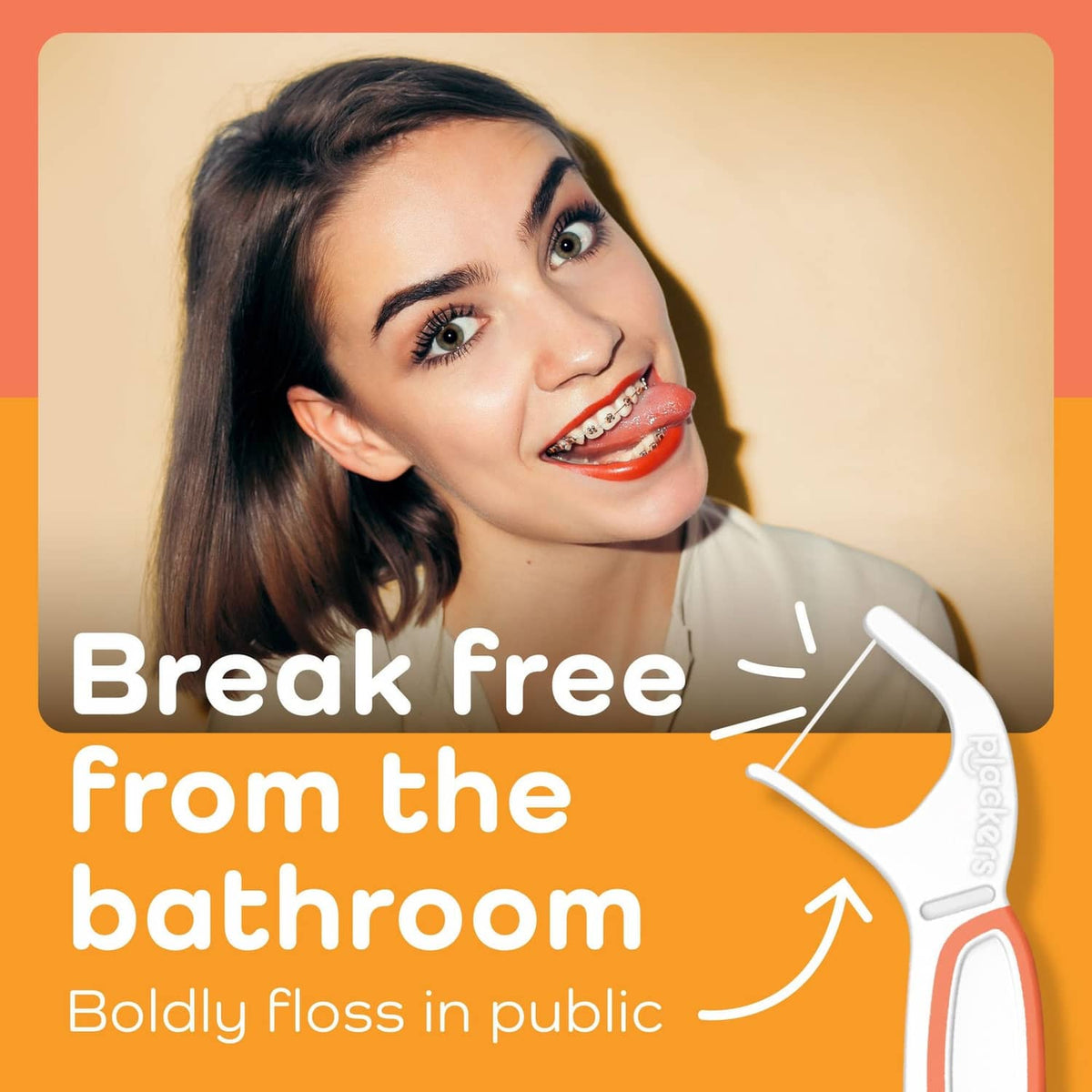 Dental floss pick graphic near braces-wearing smile, for quick cleaning access