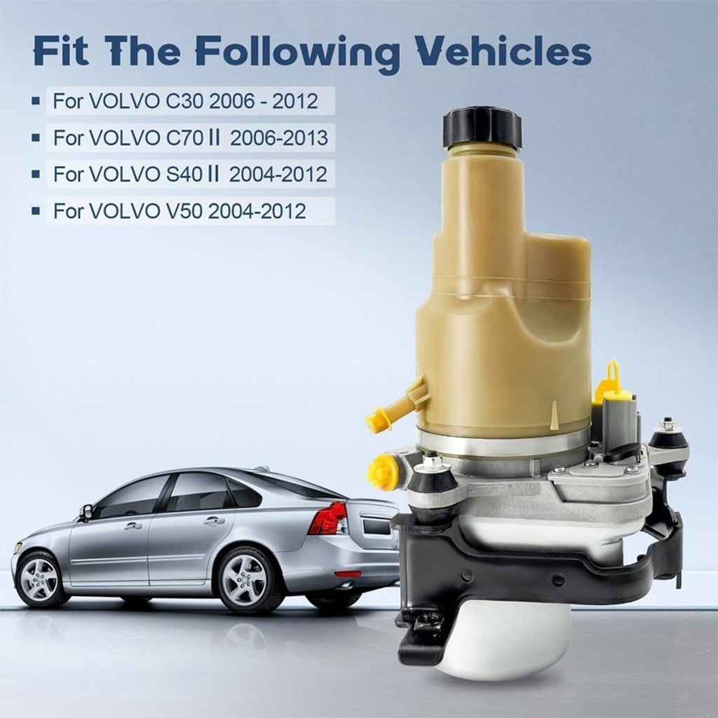 Electric power steering pump unit with beige reservoir, black base, and yellow inlet fitting