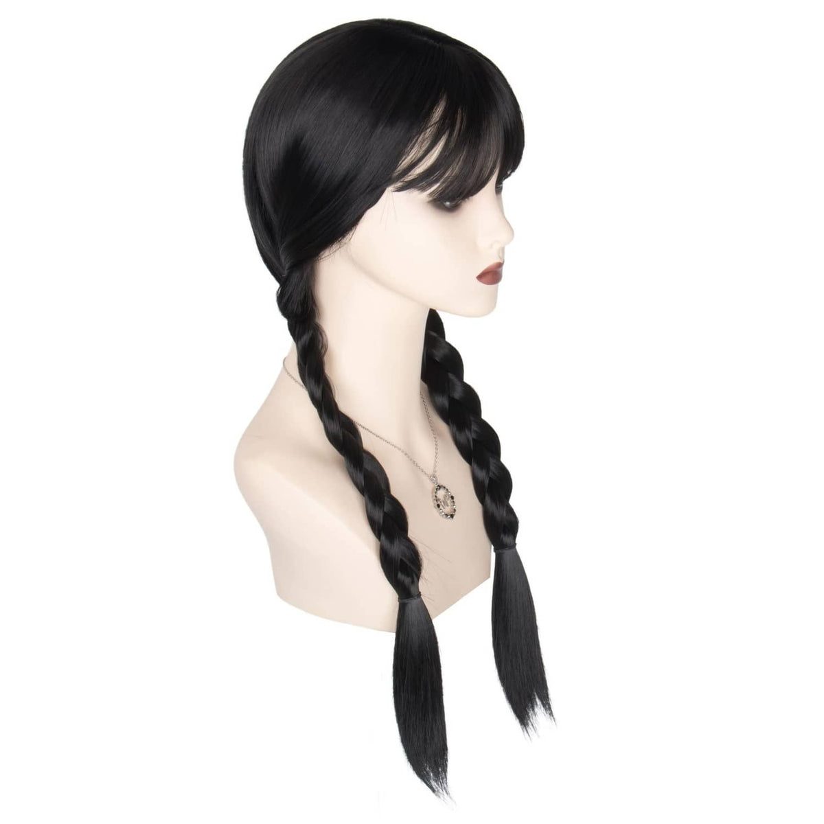 Black braided wig with bangs, long twin braids, angled side view