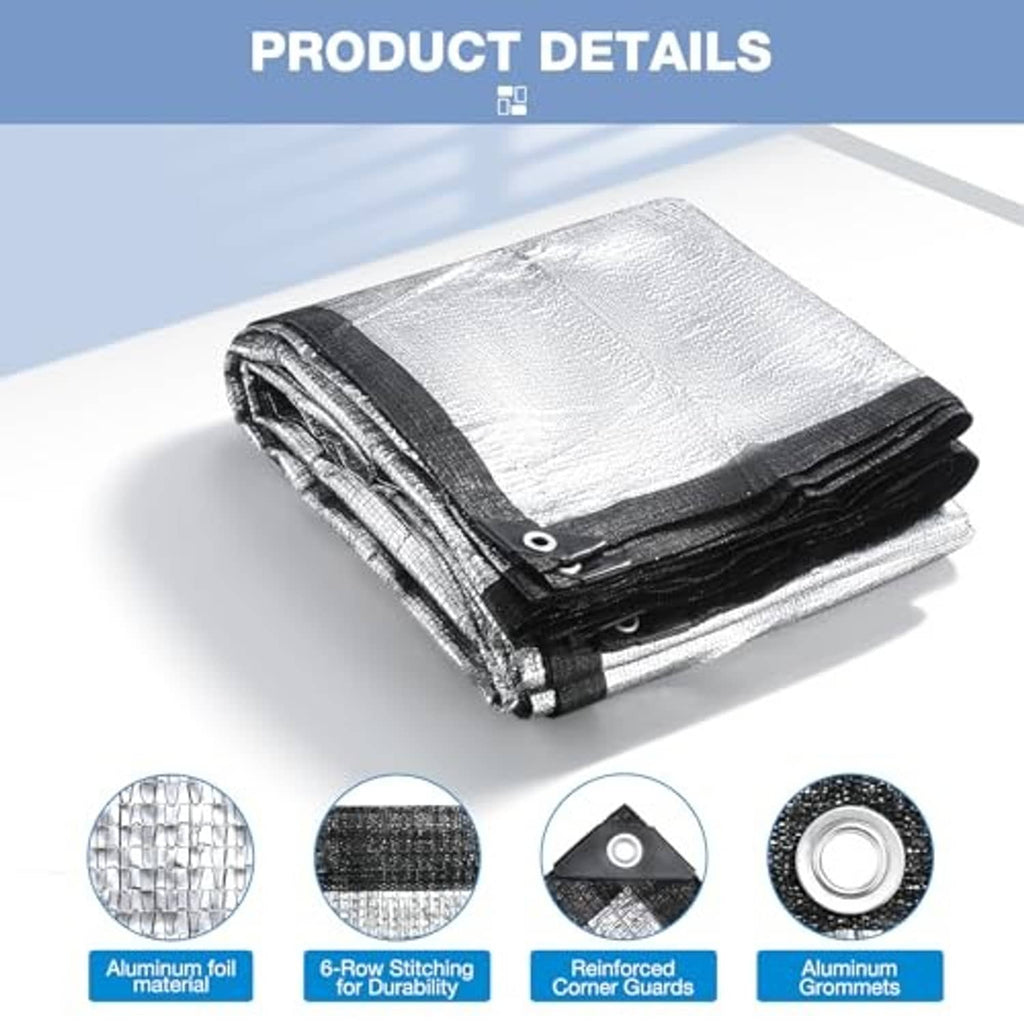 Aluminet shade cloth close-up with reinforced corner guards and aluminum grommets