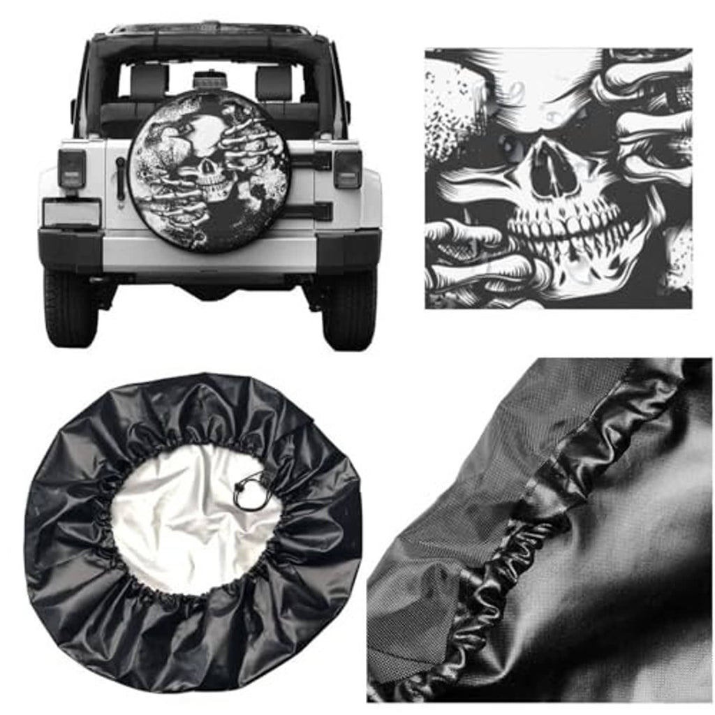 Spare tire cover with skull hands design, plus shown black fabric and stitched edge