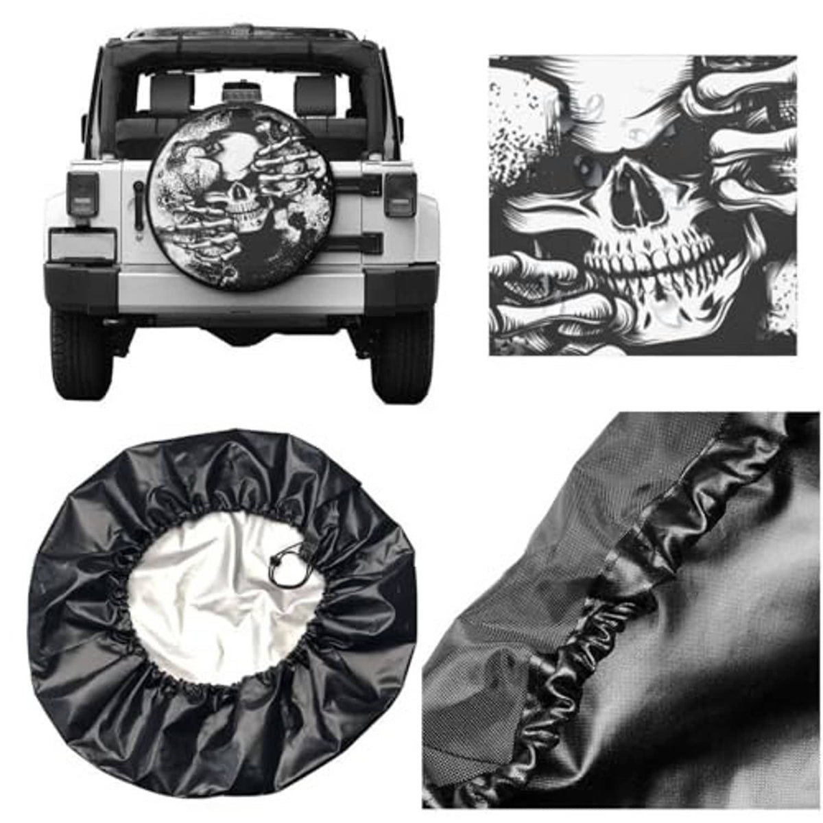 Spare tire cover with skull hands design, plus shown black fabric and stitched edge