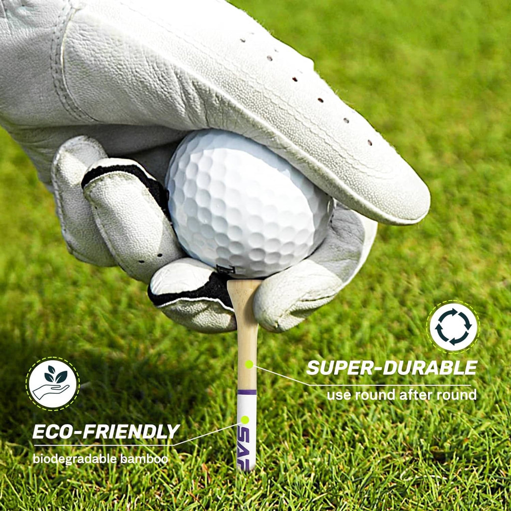 SAPLIZE eco-friendly bamboo golf tee in a white glove, with durability badge.