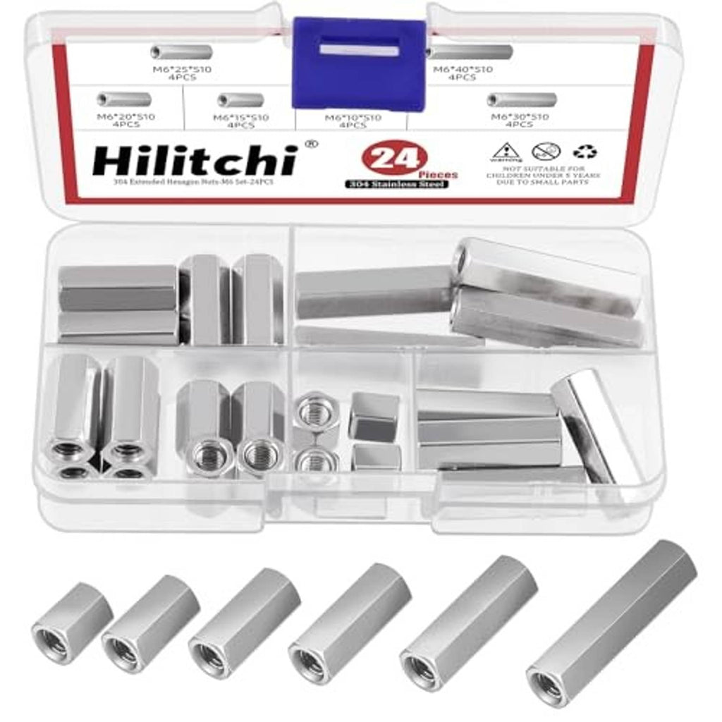 Set of stainless steel hex coupling nuts for rods, silver metal pieces and storage case