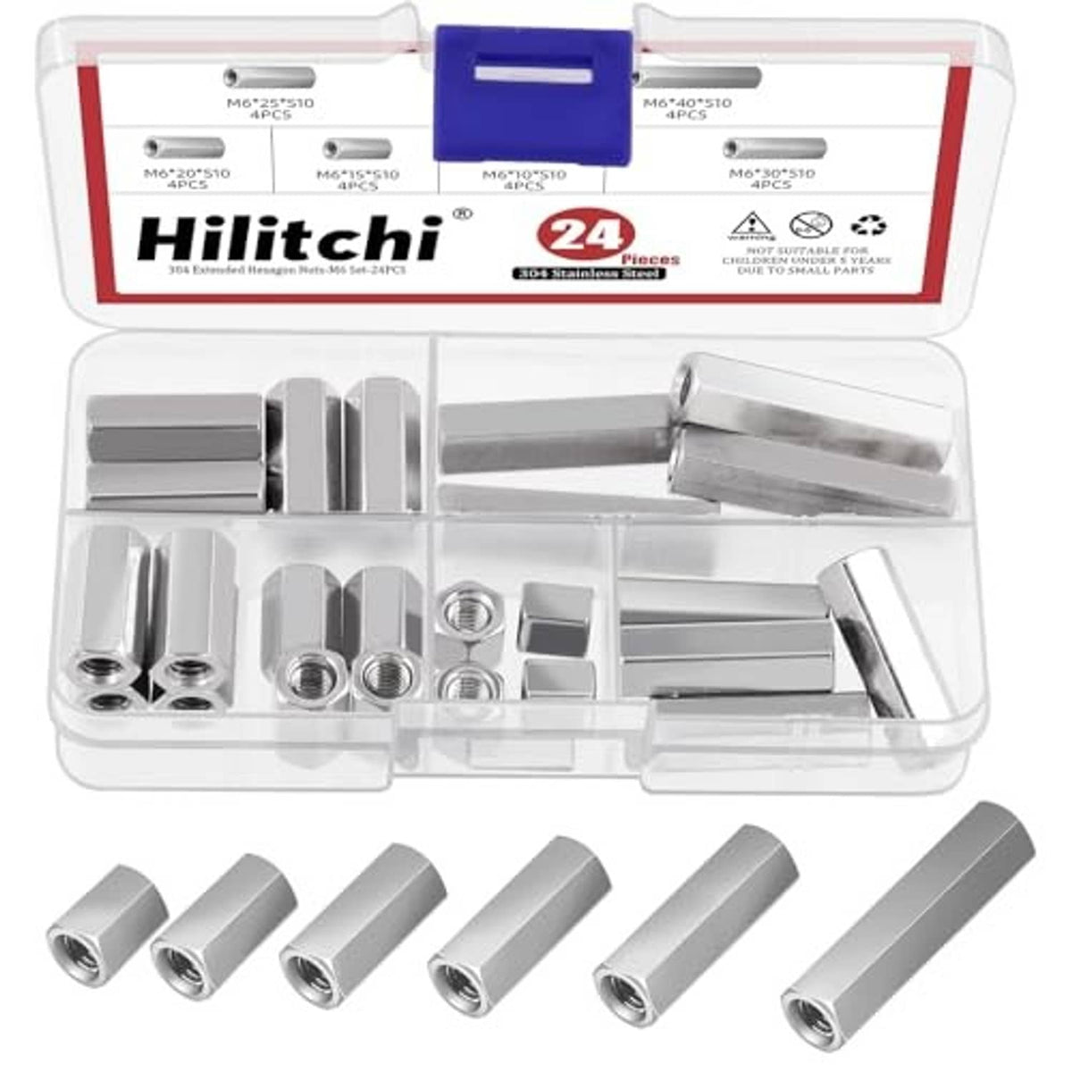 Set of stainless steel hex coupling nuts for rods, silver metal pieces and storage case