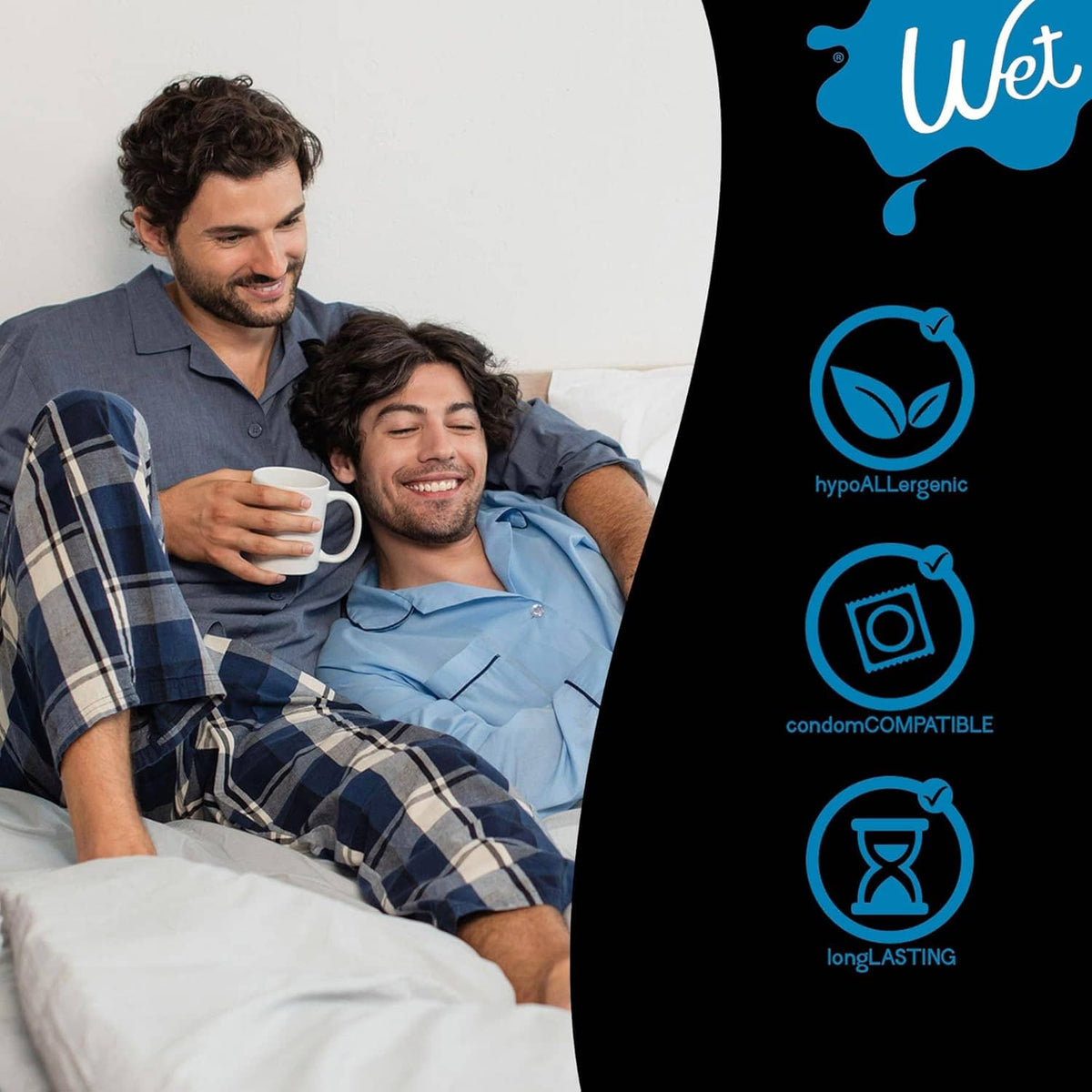 Silicone-based anal lubricant bottle shown beside a smiling couple relaxing together